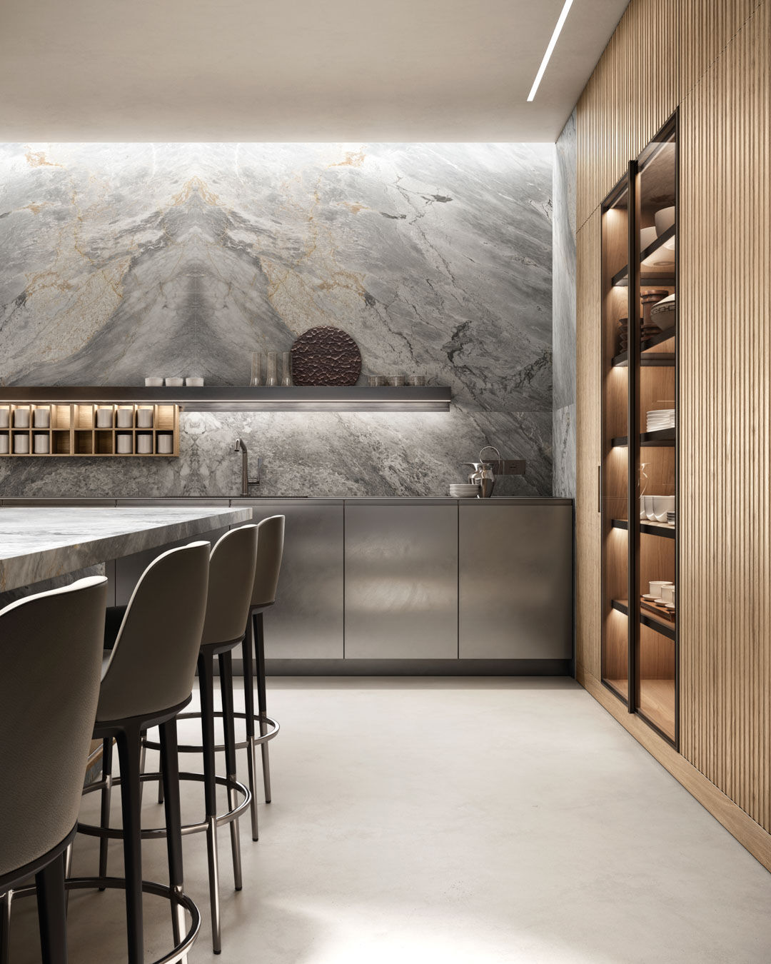 Lignum et Lapis Kitchen - Island and Wall Side View