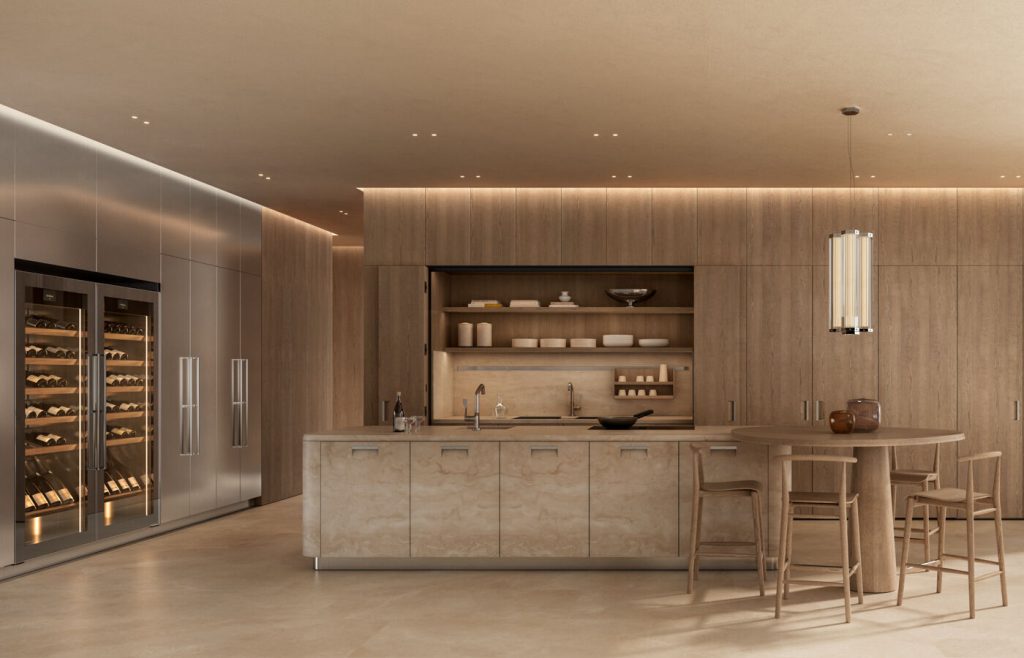 Arclinea Kora Kitchen - Marble island + Wood Cabinetry + Integrated Wine Storage