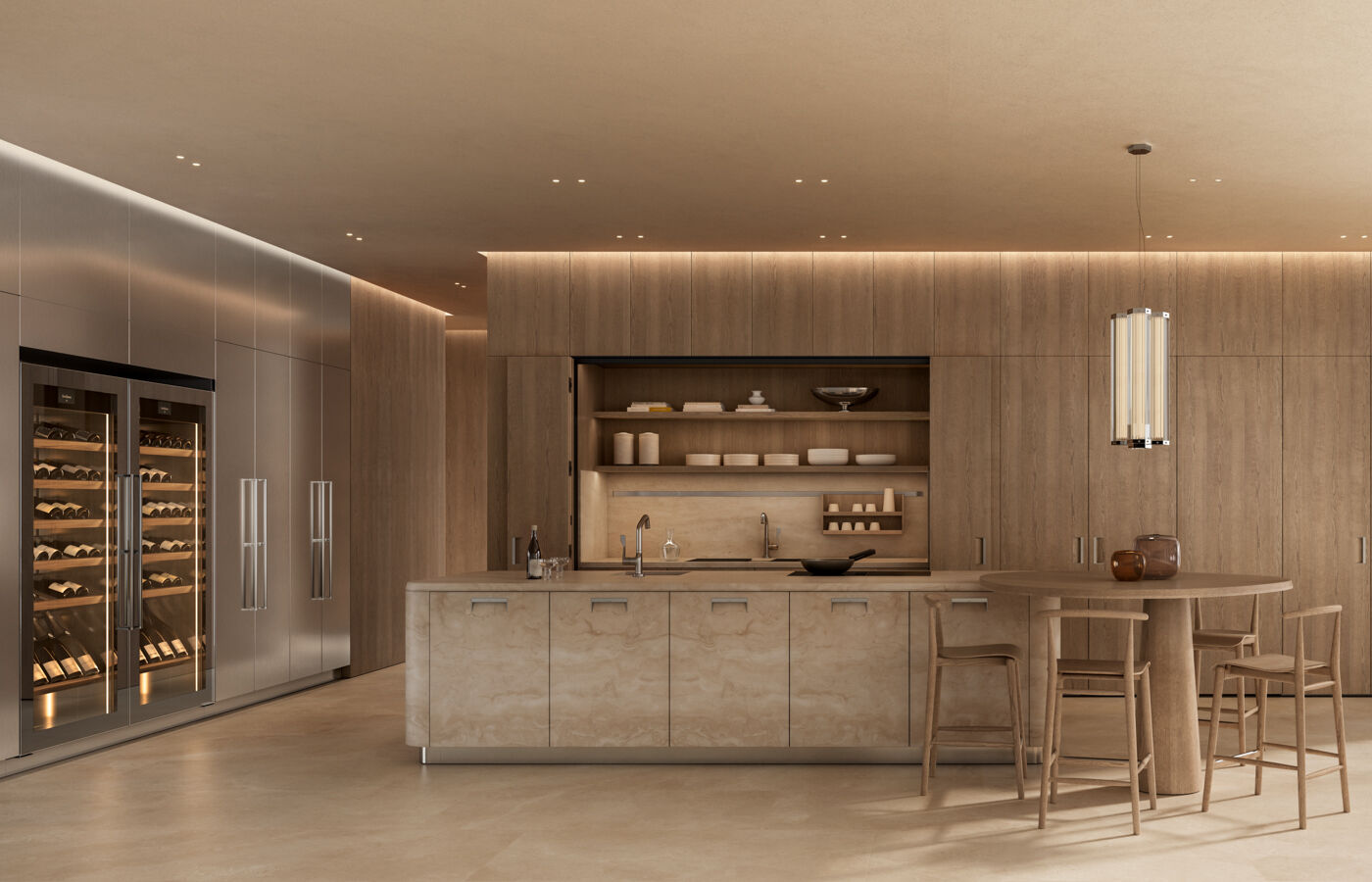 Arclinea Kora Kitchen - Marble island + Wood Cabinetry + Integrated Wine Storage