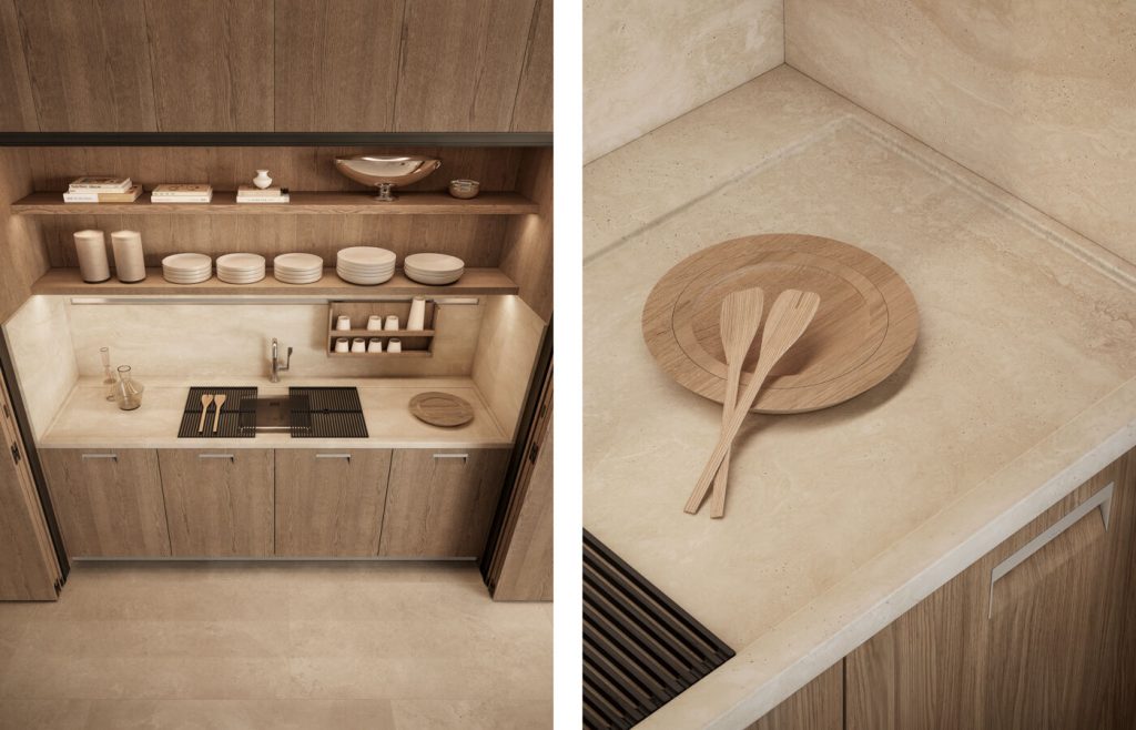 Arclinea Kora Kitchen - Stone Countertop +Wooden Accessories + Built-in Handle