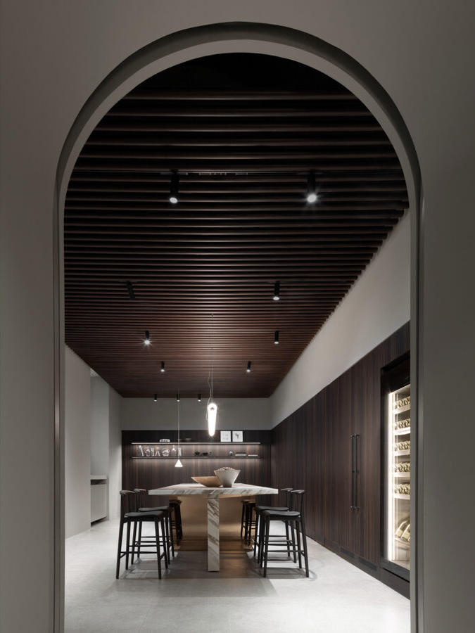 Arclinea Convivium with Lapis Kitchen - Long View via Arched Doorway - Crop