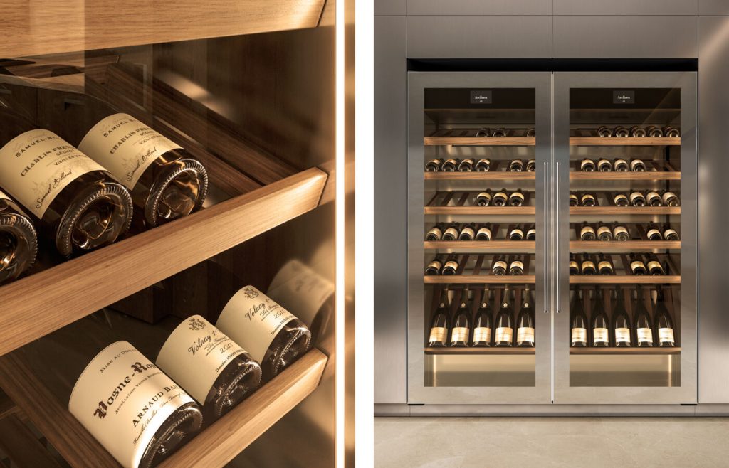 Arclinea Teca Wine Storage System with Wood Racks and Glass Doors