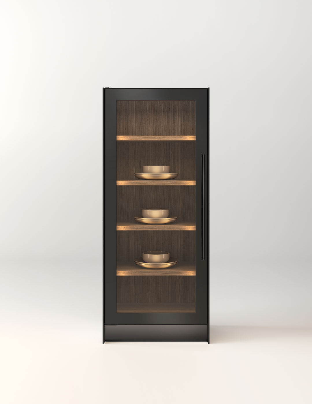 Kitchen Glass Cabinet = Arclinea Teca Madia - Wood Interior Shelves and Warm Lighting