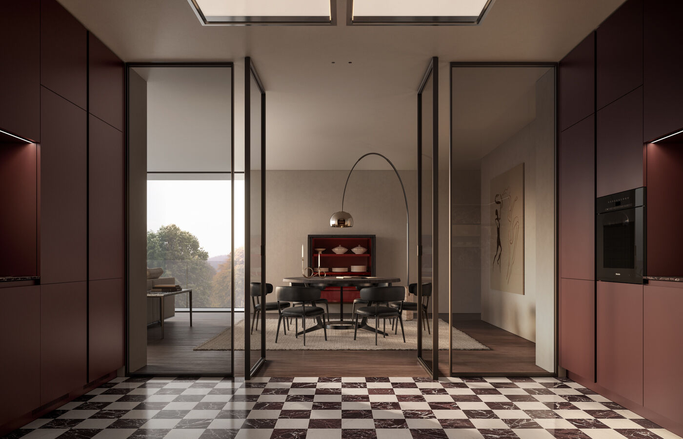Arclinea Thea Borgogna Kitchen Connected to Dining Room